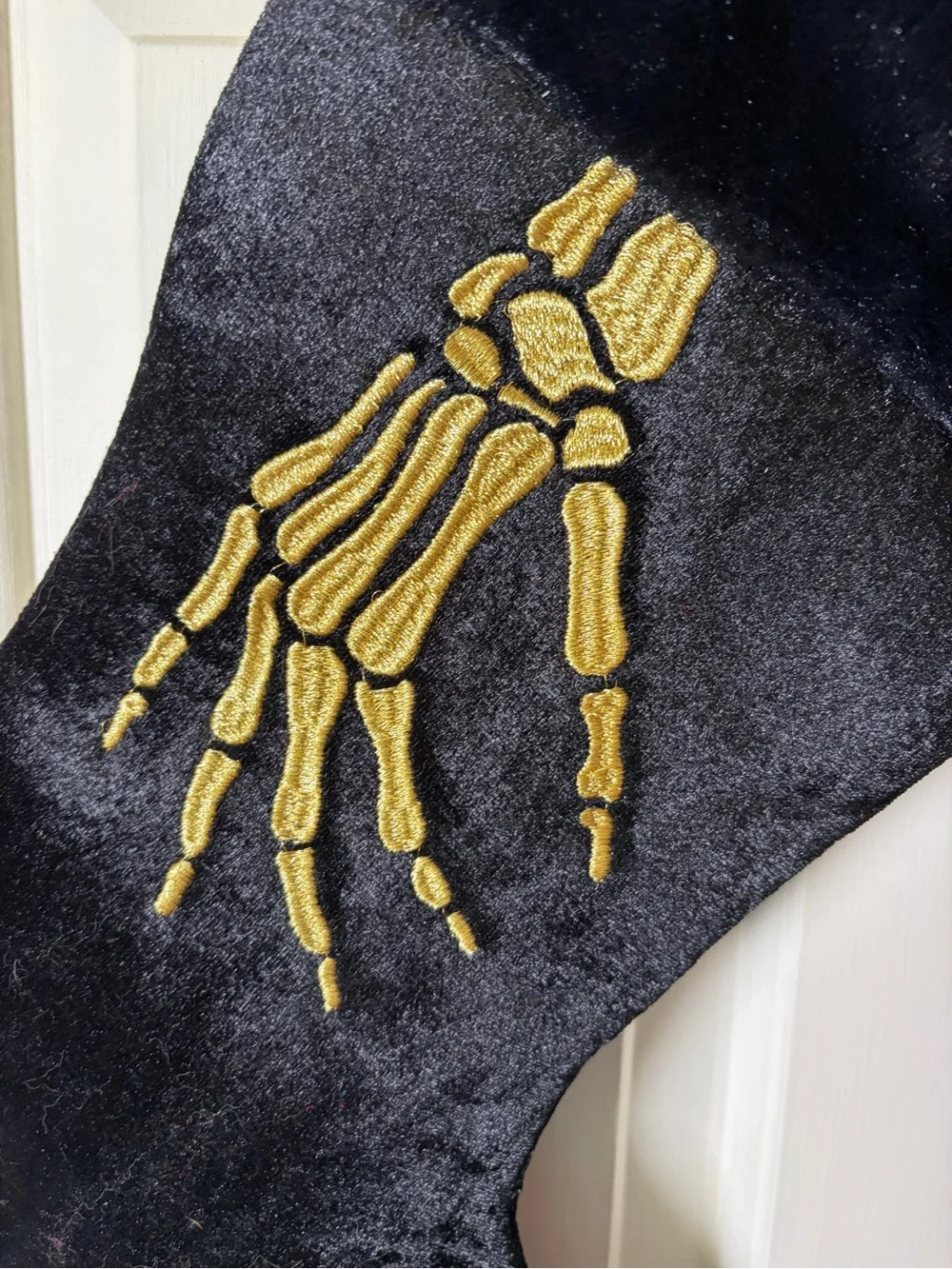 Black Velvet Holiday Stocking with Gold Skeleton Hand Embroidery